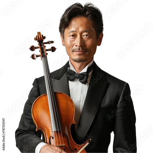 Elegant violinist in tuxedo posing with violin on white background photo