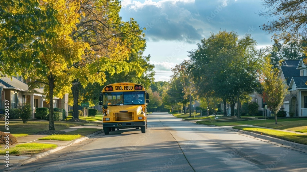 Obraz premium A school bus driving through a neighborhood, ready to pick up students.