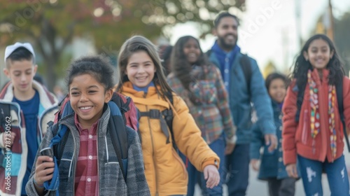 A group of diverse students of different ages and backgrounds walking to school together. 