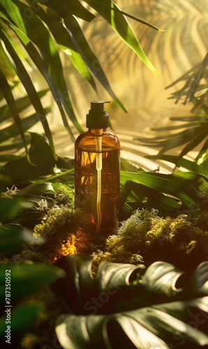 A bottle of cosmetic or herbal product nestled among lush greenery, highlighted by warm sunlight photo