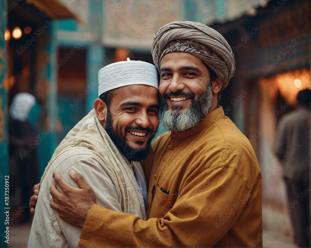 Two muslim man hugging and smiling. Eid Al Adha Mubarak celebration background