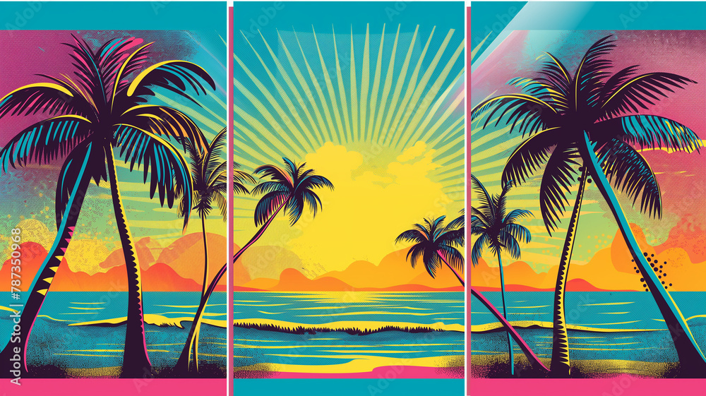 Fototapeta premium Multiple panel wall art, Wow pop art beach and palm compositions. Pop art poster usable for interior design. Summer concept cover.