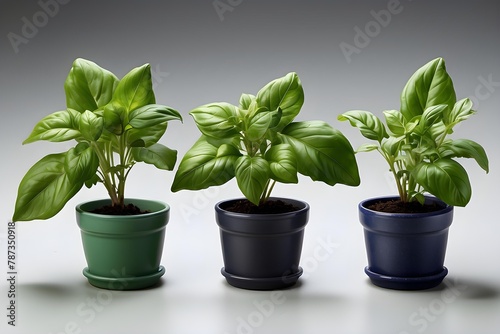 Fresh Basil Herbs Ready for Home Cooking - Three Vibrant Basil Plants in Terracotta Pots on a Wooden Table