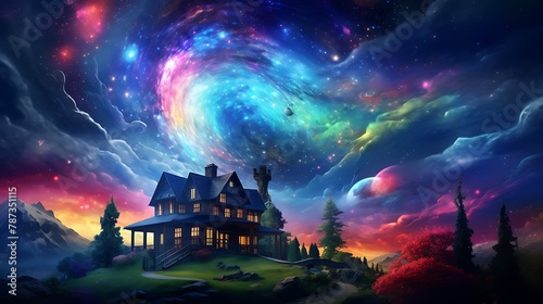 an image of a house being painted in a cosmic theme, with AI-generated elements that galaxies, stars, and nebulae photo