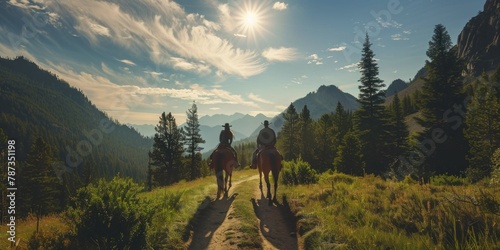 A couple horseback riding through scenic trails with mountains or forests in the background. © sambath