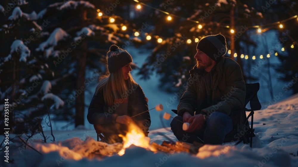 A couple sitting by a campfire, roasting marshmallows and sharing stories under the stars. 