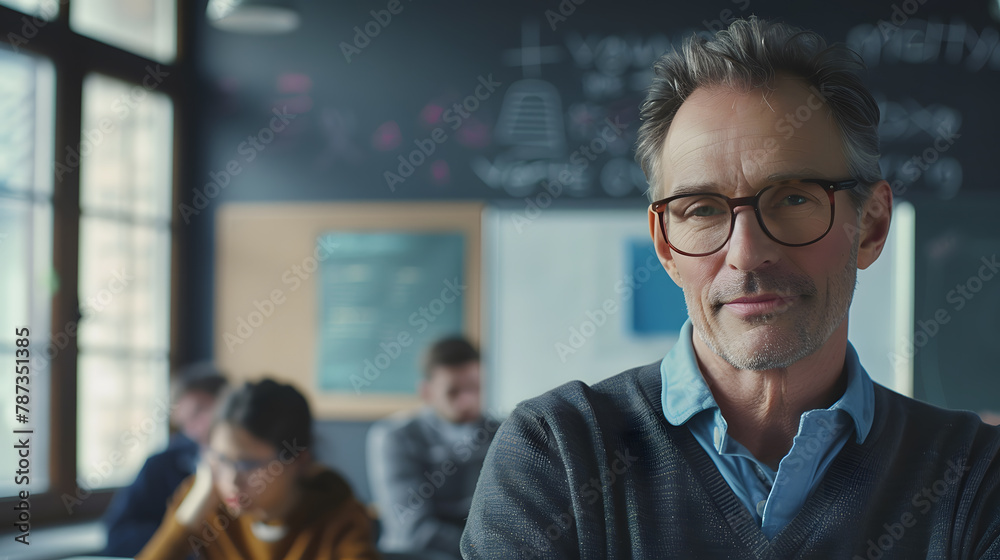 Portrait of mature teacher looking at camera with copy space Happy mid adult lecturer at classroom standing after giving lecture Satisfied high school teacher smiling while his student : Generative AI Portrait of mature teacher looking at camera with copy space Happy mid adult lecturer at classroom standing after giving lecture Satisfied high school teacher smiling while his student : Generative AI