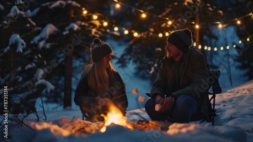 A couple sitting by a campfire, roasting marshmallows and sharing stories under the stars. 