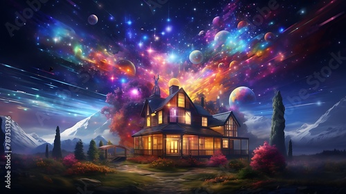 an image of a house being painted in a cosmic theme, with AI-generated elements that galaxies, stars, and nebulae