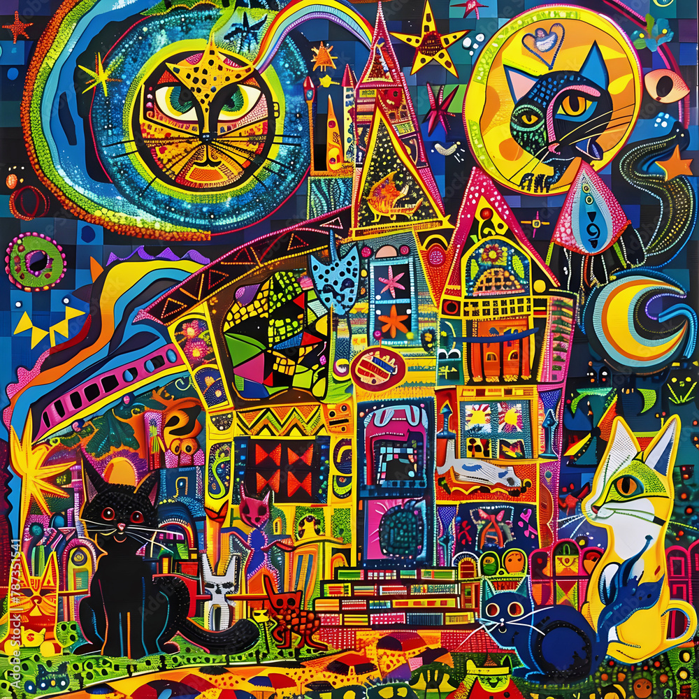 Cat wall mosaic abstract art, ai generated.