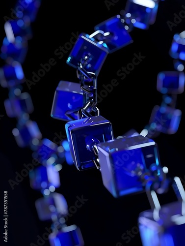 A chain of blue links is shown in a blurry image. The chain is made up of small, square-shaped links that are connected together.