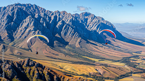 Two paragliders soaring over a beautiful mountain landscape, capturing the thrill of adventure sports against a backdrop of scenic valleys and rugged terrain.