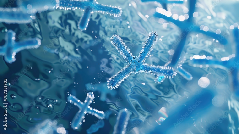 Close-up of a star-shaped snowflake against a glittering blue background Close-up of a star-shaped snowflake against a glittering blue background