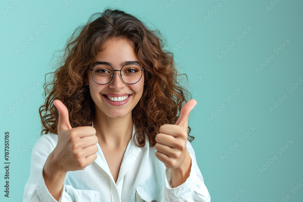 A portrait of an attractive smiling woman, giving two thumbs up with both hands and looking at the camera on mint blue background
A portrait of an attractive smiling woman, giving two thumbs up with both hands and looking at the camera on mint blue background