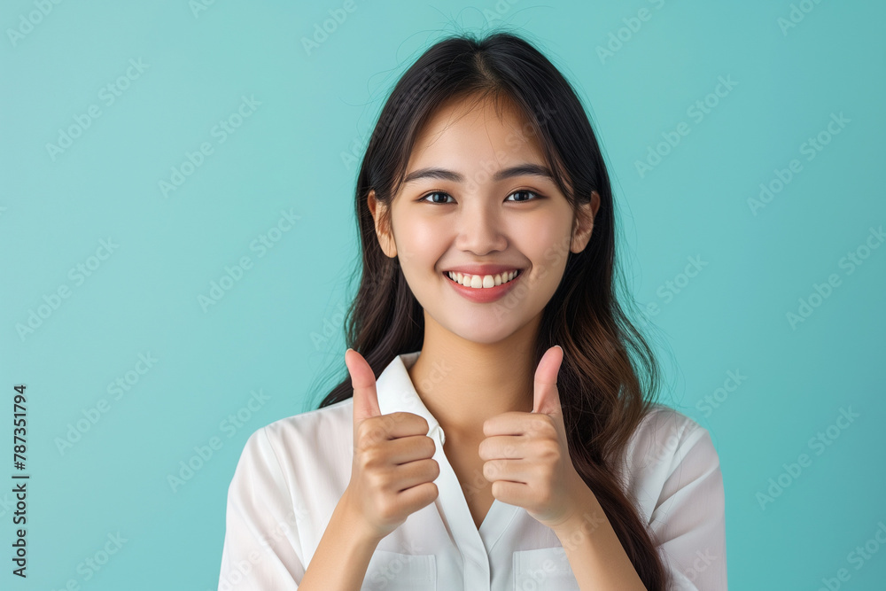 A portrait of an attractive smiling woman, giving two thumbs up with both hands and looking at the camera on mint blue background
A portrait of an attractive smiling woman, giving two thumbs up with both hands and looking at the camera on mint blue background