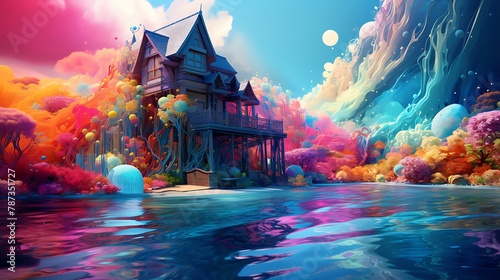an image of a house submerged in a sea of flowing colors, with AI-generated figures creating a mesmerizing and ever-changing artwork photo