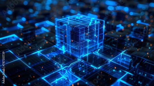A glowing blue cube comprised of interconnected smaller cubes, representing a blockchain network.