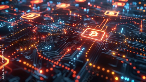 A glowing digital circuit board with blockchain symbols integrated into the design, representing the technological foundation for secure data storage and transactions.