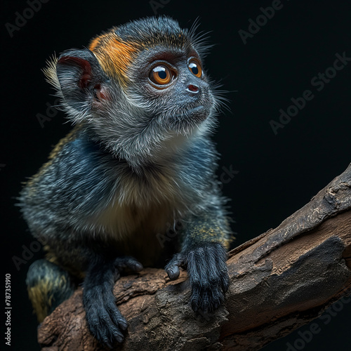 Colorful ghost-eye monkey, ghost-eye monkey on a thick tree branch photo
