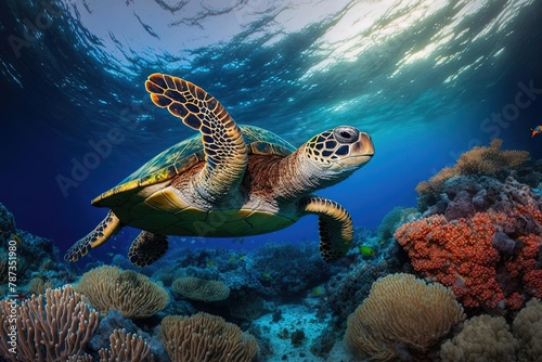 Fine Art of a Colorful Coral Reef with a Turtle Swimming in the Morning Glow of the Great Barrier Reef