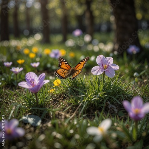 close-up sequence, green grass, surrounded by flowers, pinhole photography, virtual reality, fantasy world, dreamlike visuals, soft sculpture aesthetic, bright colors, magnolia trees, tulips, pansies,
