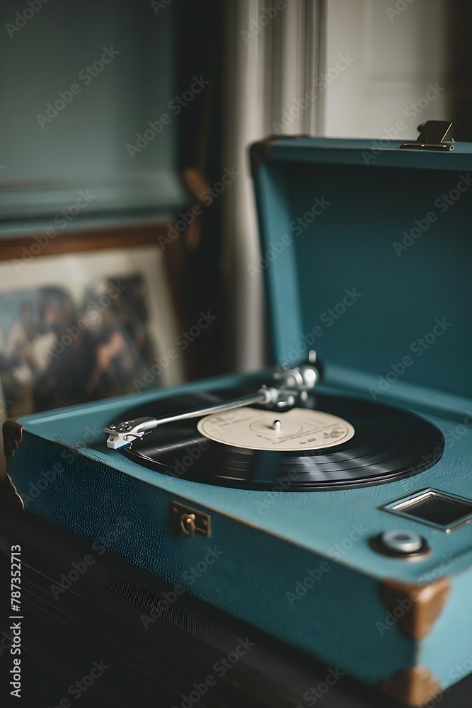 Retro turntable with playing vinyl disc and stack of records Retro turntable with playing vinyl disc and stack of records