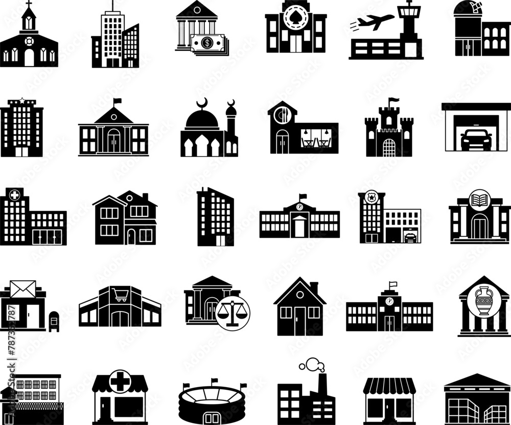 Black Set of Buildings Icons. Vector Icons of Home, Office. City, Hospital, Police, Court, Museum, Shopping Center, Casino, University, Church and Others