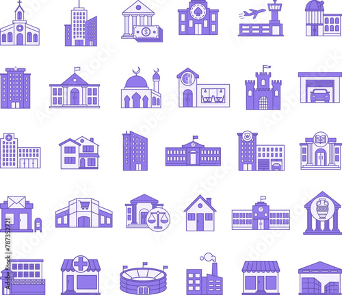 Colored Set of Buildings Icons. Vector Icons of Home, Office. City, Hospital, Police, Court, Museum, Shopping Center, Casino, University, Church and Others