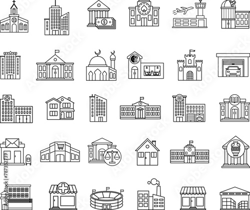 Set of Buildings Icons. Vector Icons of Home, Office. City, Hospital, Police, Court, Museum, Shopping Center, Casino, University, Church and Others