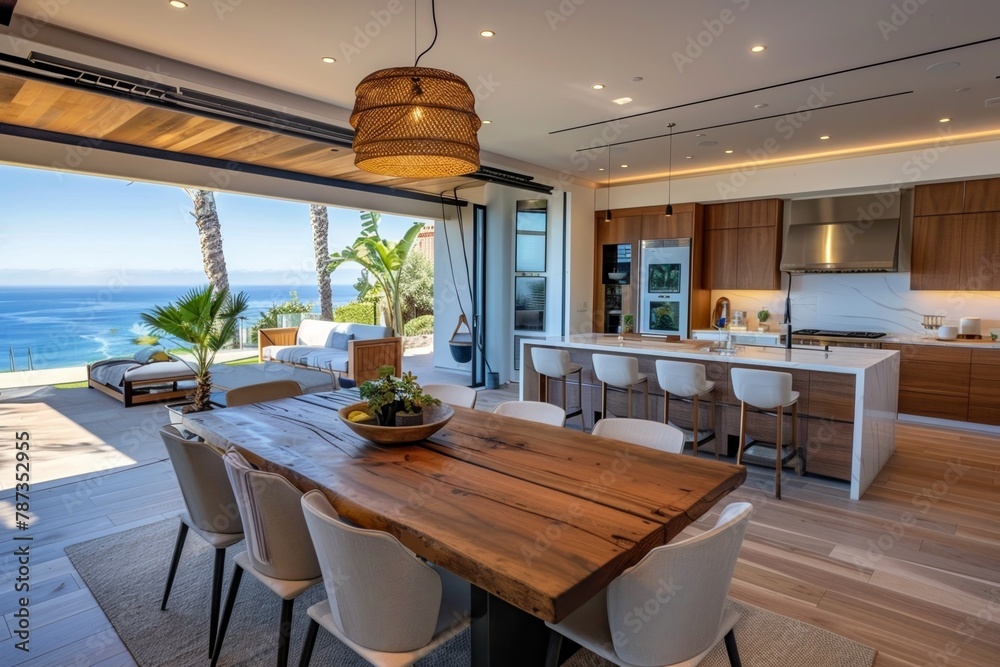Open-plan layout with a modern kitchen and dining area for easy entertaining by the sea. 