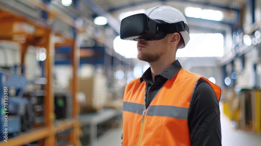 Worker in High-Vis Vest Experiences Virtual Reality in Warehouse Worker in High-Vis Vest Experiences Virtual Reality in Warehouse