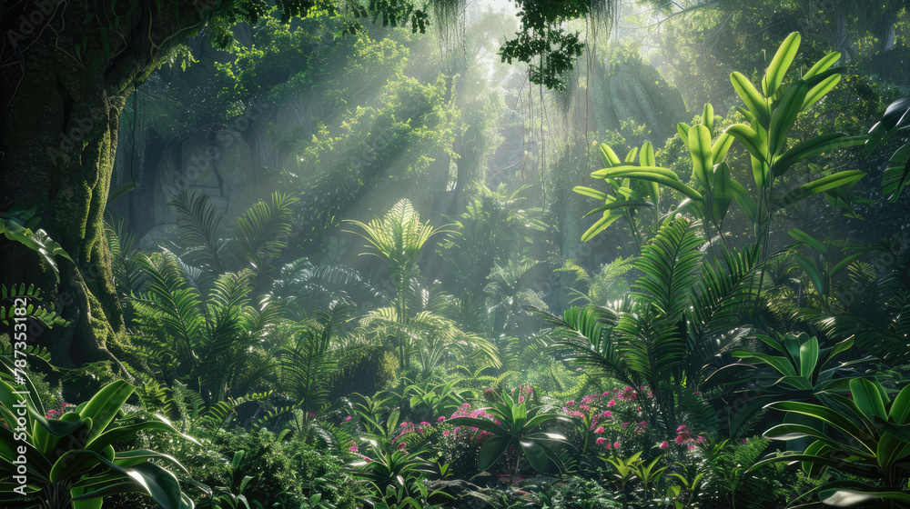 Forest area with diverse flora and fauna. Garden with exotic plants Forest area with diverse flora and fauna. Garden with exotic plants