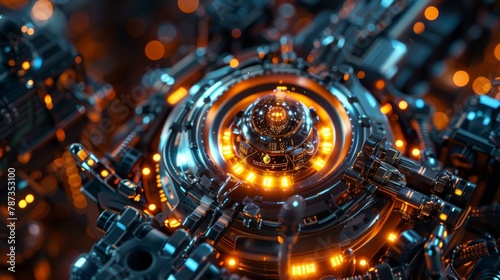 A microscopic view of a futuristic nanobot, showcasing its intricate metallic components and glowing energy core.