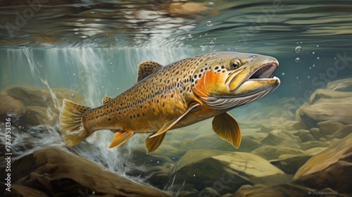 Underwater photo of The Brown Trout (Salmo Trutta) in a mountain lake. Close up with shallow DOF. photo