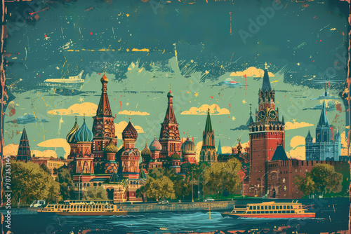 Retro Travel Poster of Moscow Skyline with St. Basil's Cathedral and Spasskaya Tower photo