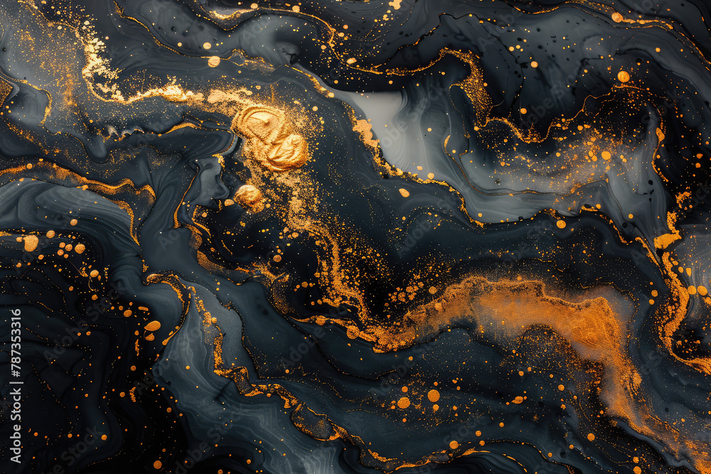 A dark, fluid background with swirling patterns of deep blue and gold hues, resembling an abstract marble texture. Created with Ai - obrazy, fototapety, plakaty 