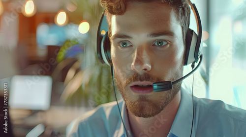 Call center agent with headset working on support hotline in modern office with copy space Portrait of mature positive agent in conversation with customer over headset looking at camer : Generative AI photo