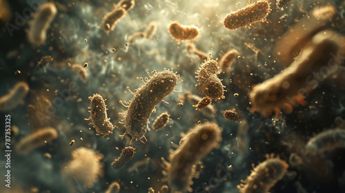 Vividly brown bacteria magnified to reveal their flagella and unique shapes. 3D health concept photo