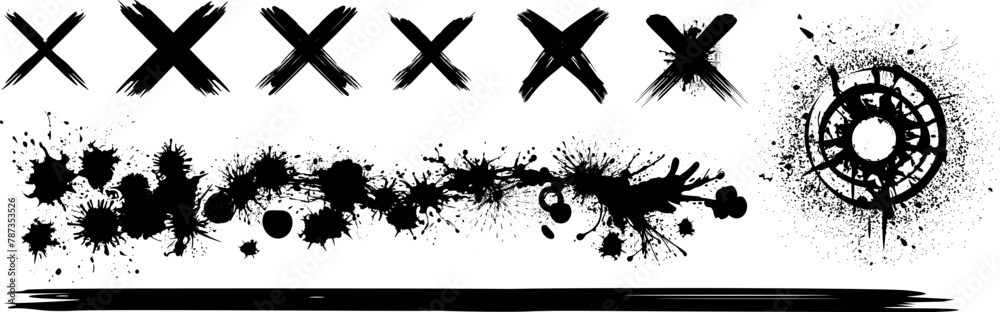 Vektor Set Tinte Design Elemente - Pinsel Striche Pinselstriche mit Klecksen und X - Farbkleckse Farbe Schwarz und isoliert - abgenutzter Effekt	
