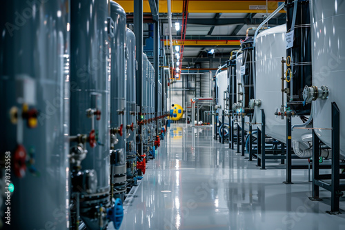 Storage tanks line a long corridor in an industrial facility with reflective floors.