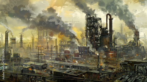 Industrial landscape of ancient plants and facturies  with chimneys  pipes and heavy smoke  smog  pollution and environmental disaster