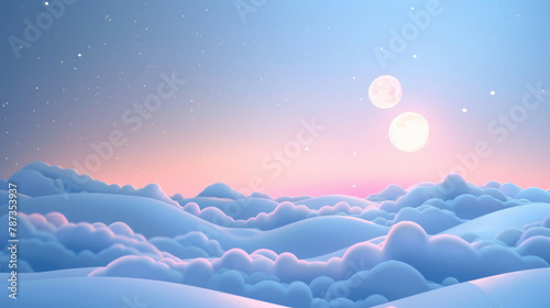 Bright moon and stars shine over a stylized snowy landscape, creating a whimsical and serene nighttime scene.