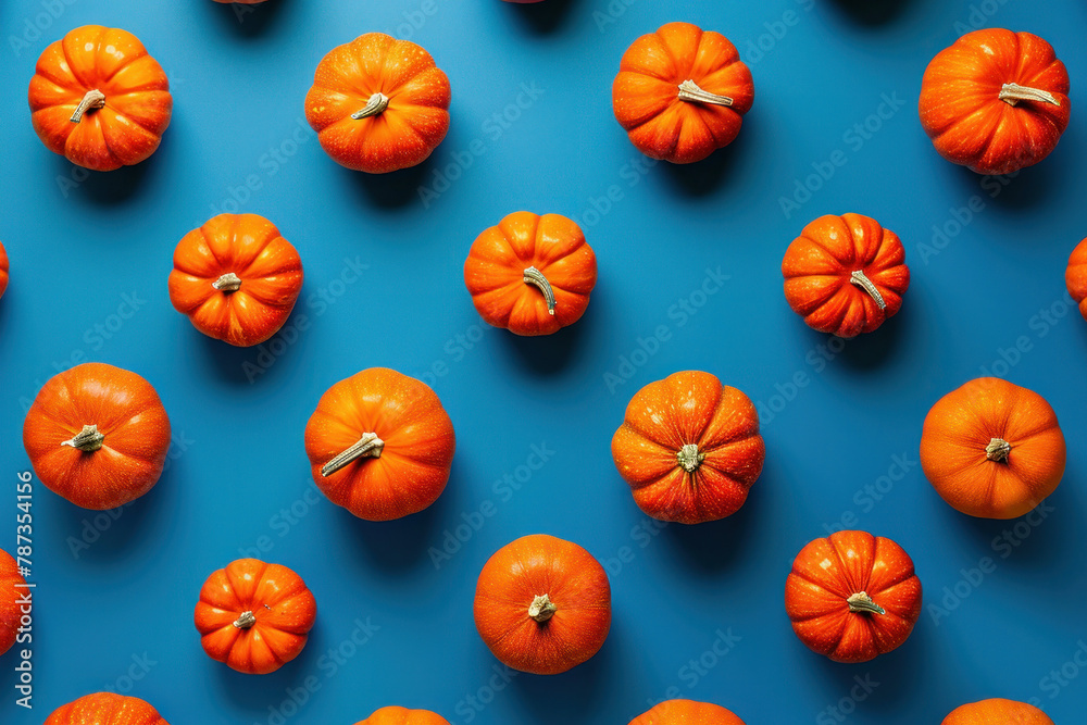 Vibrant orange pumpkins arranged in a whimsical pattern on a striking blue background, creating a festive fall display