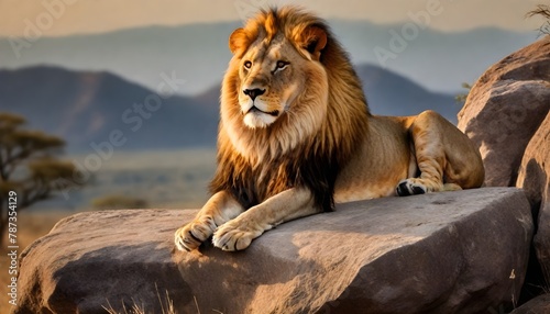 Adult male lion with a full mane lying on a rocky outcrop with a savanna and mountainous background photo