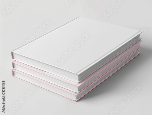 pila di 3 libri  chiusi con copertina rigida bianca su sfondo bianco , mock up diu copertina rigida di libro,  photo
