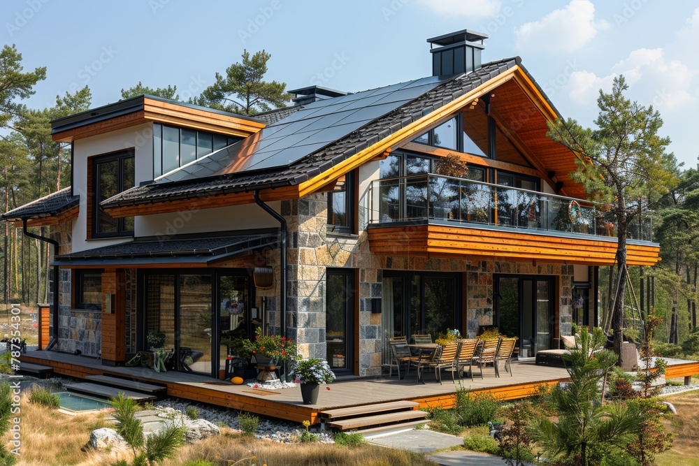 Eco-Friendly Haven: Solar-powered forest home with green design elements. Eco-Friendly Haven: Solar-powered forest home with green design elements.