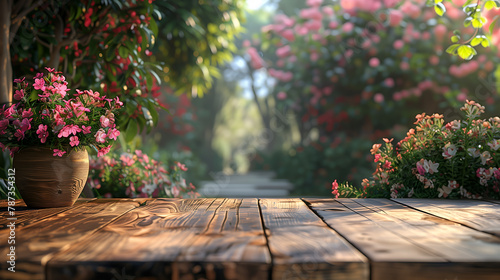 Wooden table and Flowers and plants © เฉลิมชัย ถามล