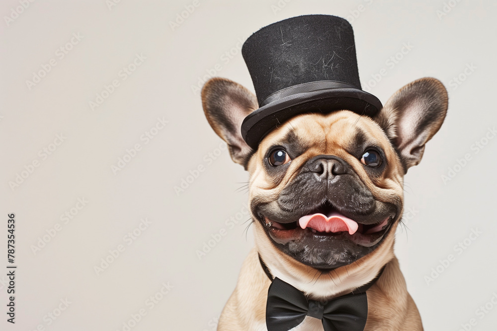 A dog wearing a top hat and a bow tie. The dog has a serious expression on its face