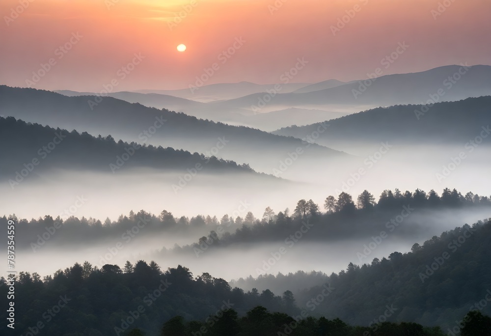 Sunrise over a misty forest with layers of hills in the background