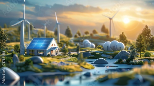 A serene landscape featuring wind turbines and solar panels harmoniously blending with nature